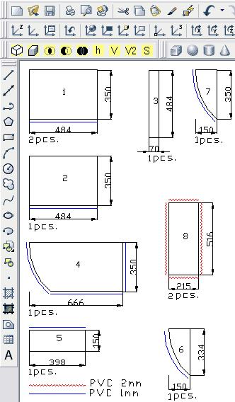 आंकड़ा फर्नीचर डिजाइन विवरण के लिए प्रोग्राम के साथ बनाई हिस्सों के चित्र दिखाता है.