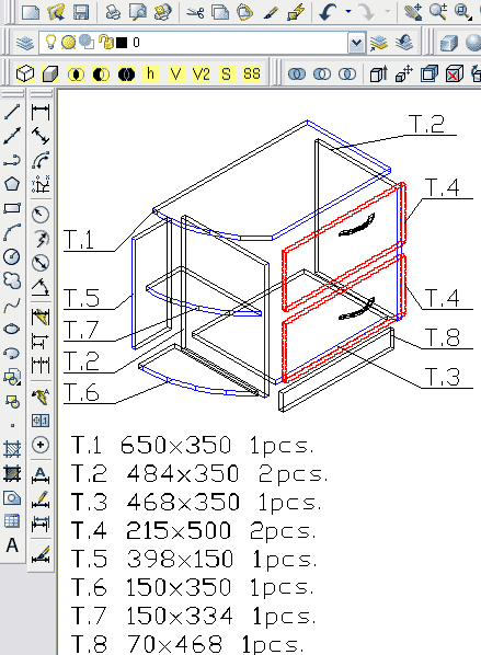 A figura mostra o desenho de montagem dos produtos criados pelo programa MiniFurniture
